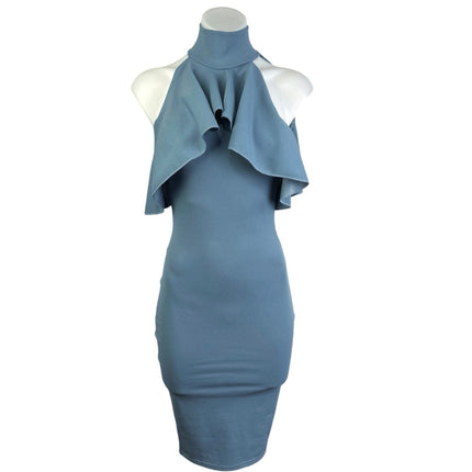 Missguided Blue Sleeveless Halter Mock Neck Ruffle Midi Bodycon Tank Dress Sz 1