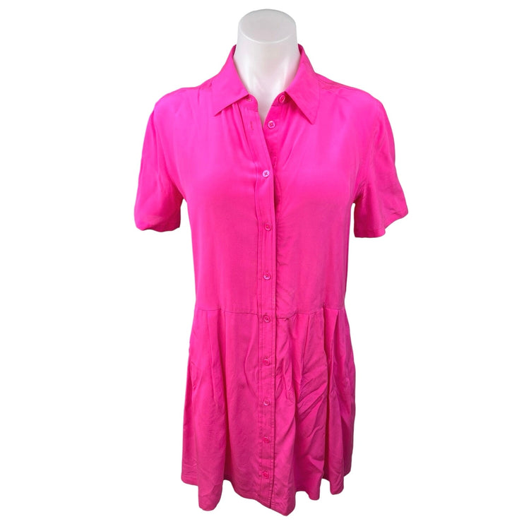 Equipment Pink 100% Silk Short Sleeve Button Front Pleated Mini Shirt Dress Sz S