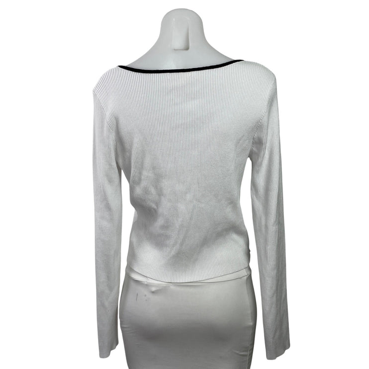 Stella Tweed Women's White Ribbed Knit Bow Cut Out Long Sleeve Crop Top Size XL