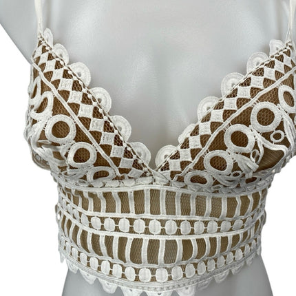 Luxe White Lace Embroidered Sleeveless Boho Cami Camisole Tank Crop Top Size 8