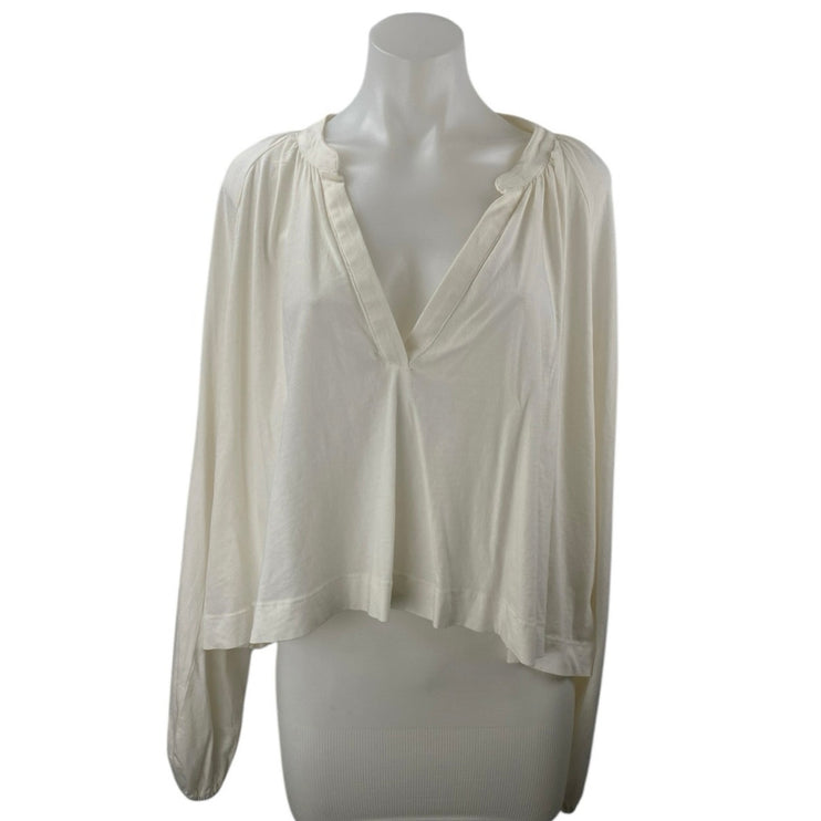 Anthropologie Maeve Women's White V-neck Long Puff Sleeve Crop Blouse Top Size L