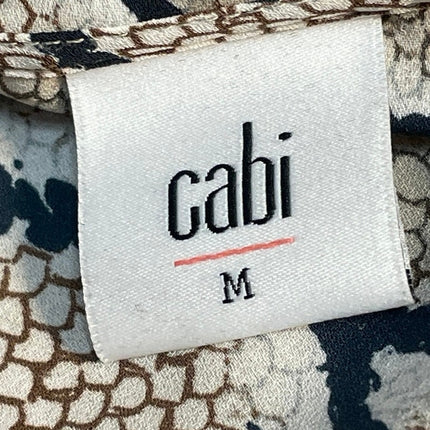 Cabi Beige Black Long Sleeve Snakeskin Print Ruffle Collar V-neck Blouse Top M