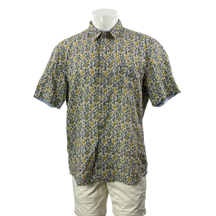 Alan Flusser Mens Yellow Floral Short Sleeve Linen Button Down Shirt Top Size XL