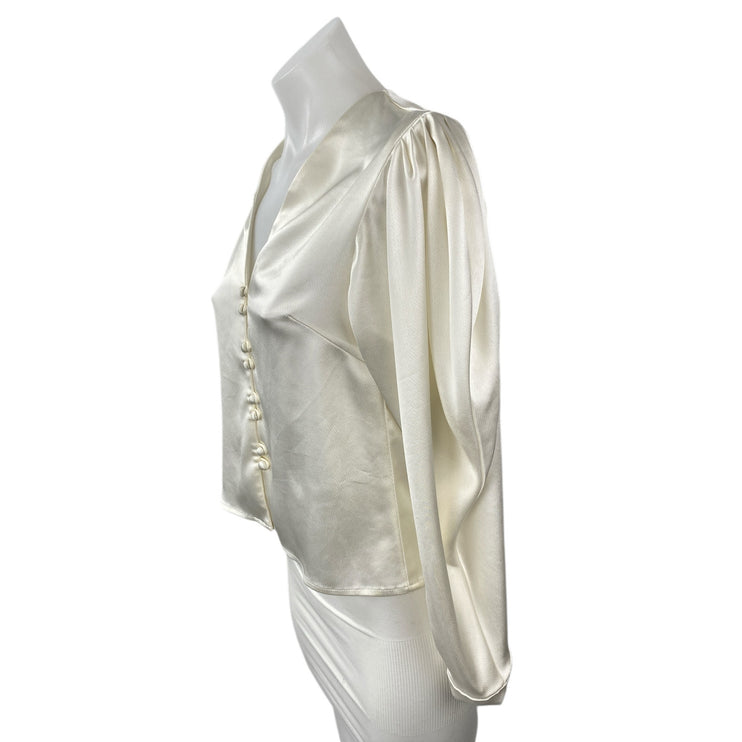 Kimberly Taylor Ivory Cream Silk Satin Long Puff Sleeve Button Down Blouse XS