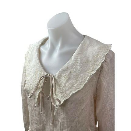 Zara Women's Beige Long Sleeve Tie Collared Ruffle Crop Peplum Blouse Top Size M