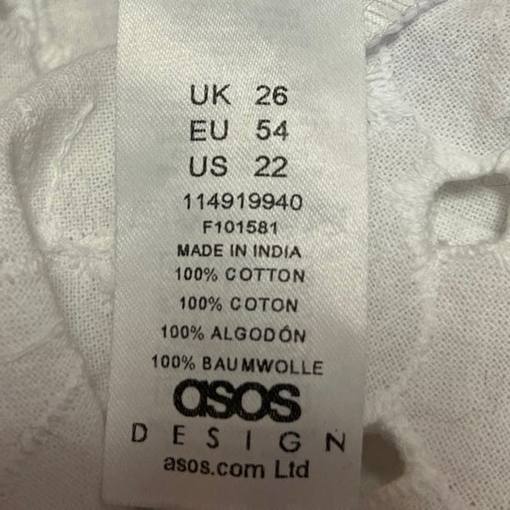 ASOS White Floral Eyelet Embroidered Short Sleeve High Low Blouse Top Size 22