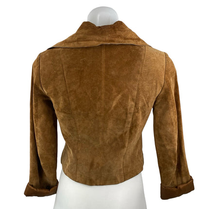 Women's Brown 100% Genuine Leather Long Sleeve Collared Crop Moto Coat Jacket S