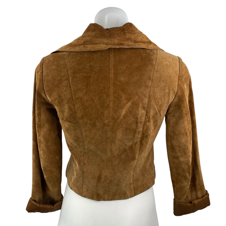 Women's Brown 100% Genuine Leather Long Sleeve Collared Crop Moto Coat Jacket S