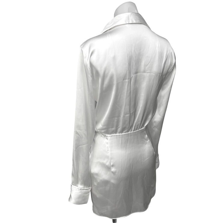 Zara White Silk Satin Long Sleeve Faux Wrap Collared Blouson Mini Dress Size XS