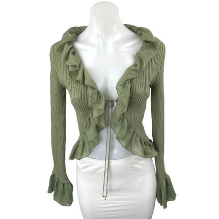Zara Green Ruffle Flounce Long Sleeve Ribbed Knit Tie Cardigan Crop Top Size S