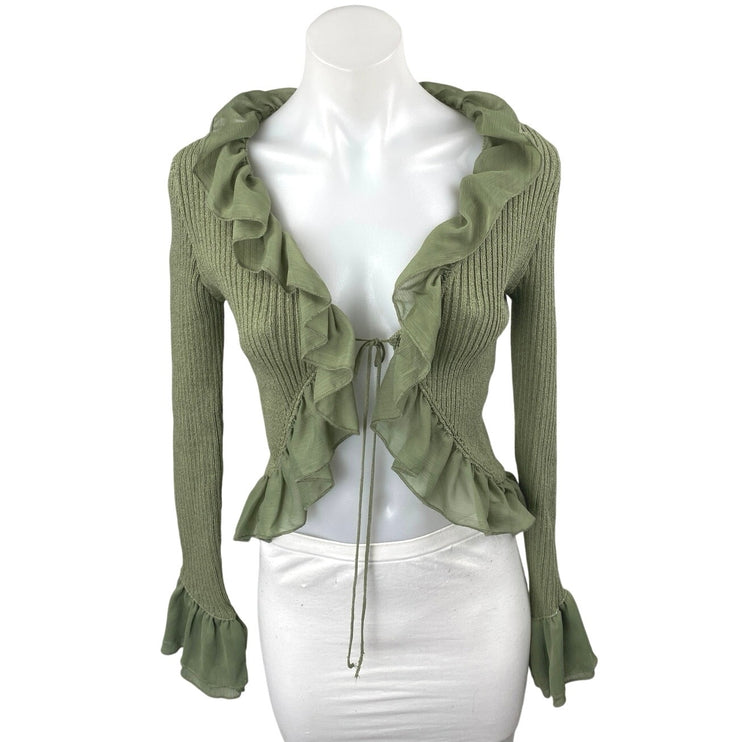Zara Green Ruffle Flounce Long Sleeve Ribbed Knit Tie Cardigan Crop Top Size S