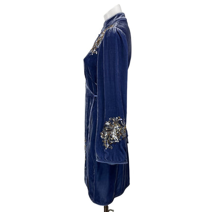Rixo Gena Blue Velvet Velour Sequin Mandarin Collar Tie Wrap Mini Dress Size SP