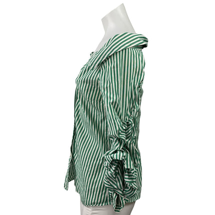 Zara Women's Green Striped Off The Shoulder Ruched Button Down Shirt Top Size S
