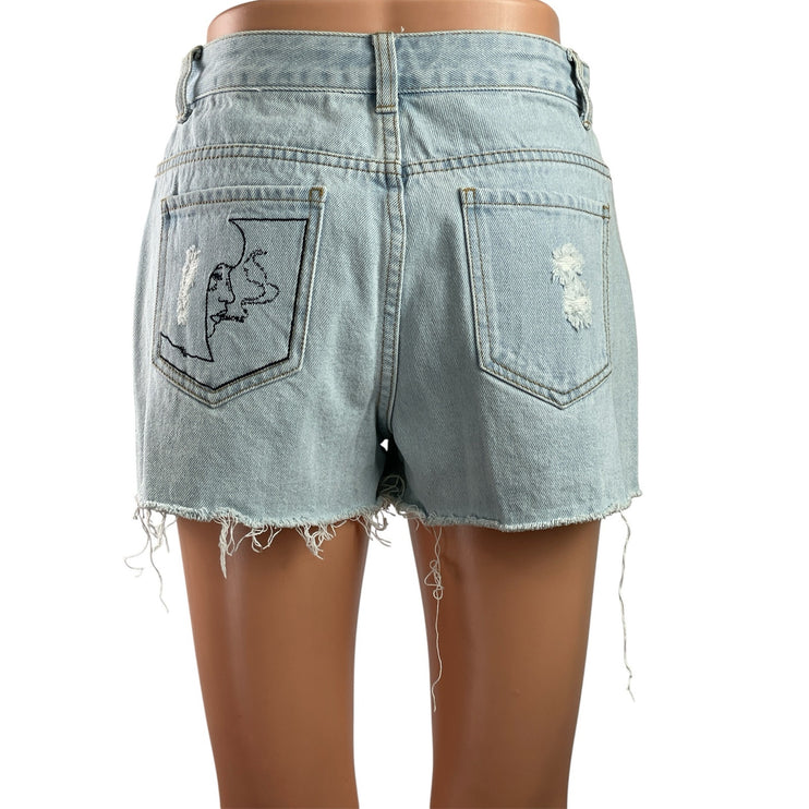 Ledin Love Blue Distressed Embroidered High Rise Cut Off Denim Jeans Shorts M