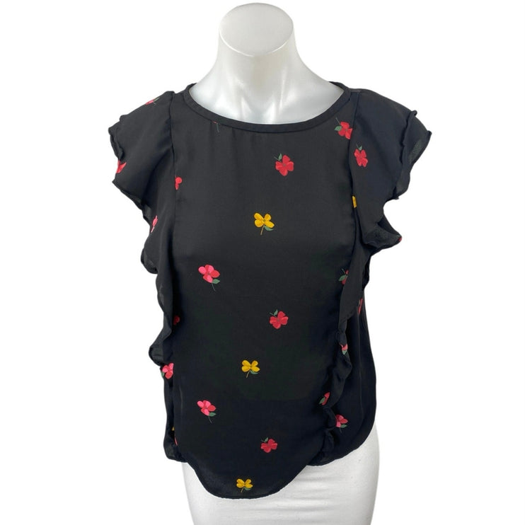 Ann Taylor LOFT Black Floral Short Flutter Sleeve Crew Neck Blouse Top Size S
