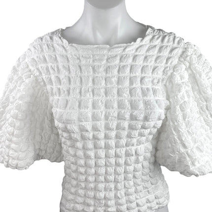Eri + Ali Women's White Textured Bubble Short Puff Sleeve Crop Blouse Top Sz XXS