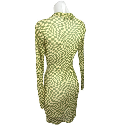 Daisy Street Green White Checkered Mesh Long Sleeve Sheer Bodycon Mini Brie Daisy Street Green White Checkered Mesh Long Sleeve Sheer Bodycon Mini Brie