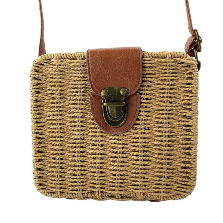 Hoxis Tan Floral Lined Straw Woven Rattan Square Crossbody Boho Bag Handbag OS