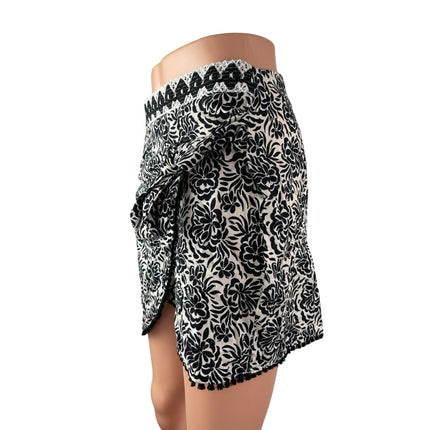 Zara Women's Black White Floral Embroidered Waist High Rise Mini Wrap Skirt Sz S