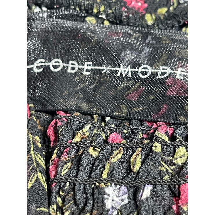 Code X Mode Women's Black Floral Smocked Square Neck Long Sleeve Blouse Top S