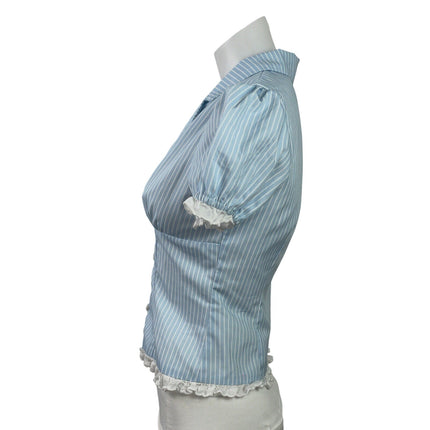 Peppermayo Blue Stripe Short Puff Sleeve Ruffle Crop Button Up Shirt Top Size XS