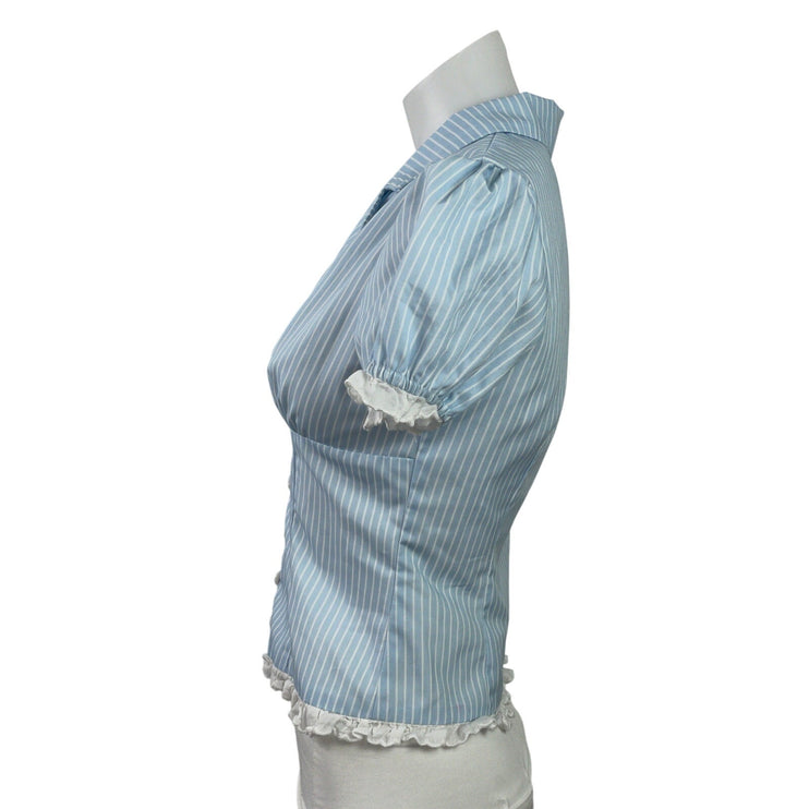 Peppermayo Blue Stripe Short Puff Sleeve Ruffle Crop Button Up Shirt Top Size XS
