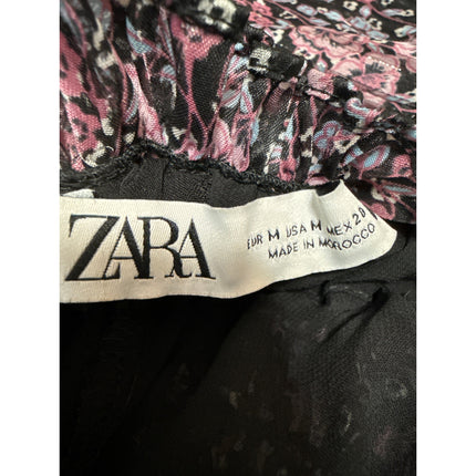 Zara Black Purple Floral Smocked Ruffle Mini A-Line Flared Skirt Skort Size M