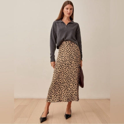 Reformation Bea Brown Silk Satin Leopard Print Midi Straight Pencil Slip Skirt 0