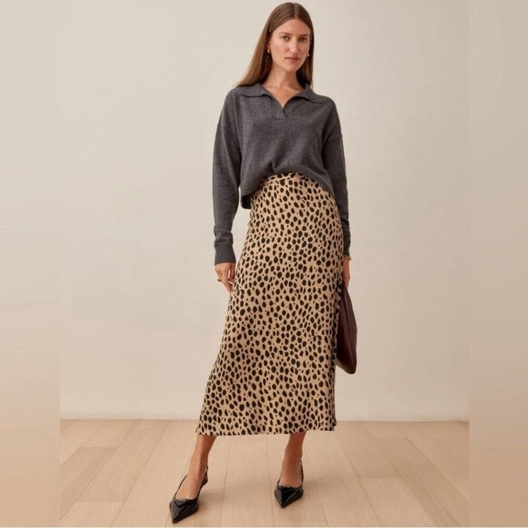 Reformation Bea Brown Silk Satin Leopard Print Midi Straight Pencil Slip Skirt 0