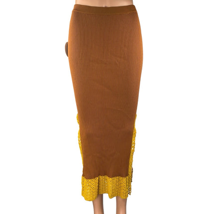 NEW Staud Oceanside Tan Gold Ribbed Knit Lace Pull On Slit Midi Skirt Size S