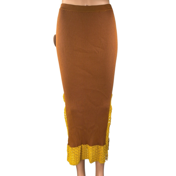 NEW Staud Oceanside Tan Gold Ribbed Knit Lace Pull On Slit Midi Skirt Size S