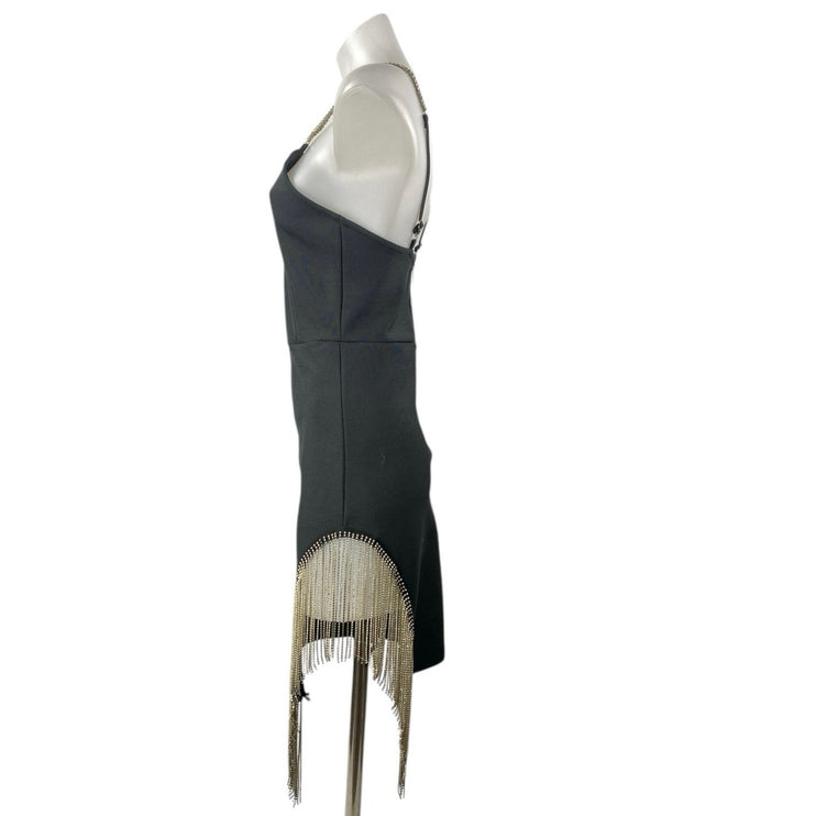 Women's Black Sleeveless V Neck Gold Fringe Beaded Cami Mini Bodycon Dress Sz M