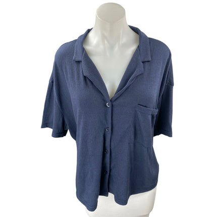 Tahari Women's Navy Blue Knit Short Sleeve Pocket Button Up Shirt Top Size L