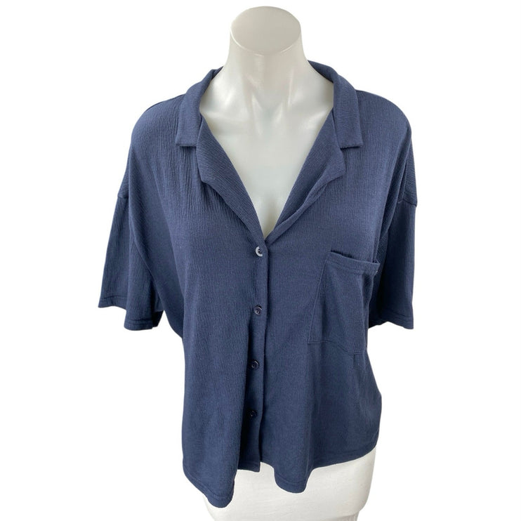Tahari Women's Navy Blue Knit Short Sleeve Pocket Button Up Shirt Top Size L
