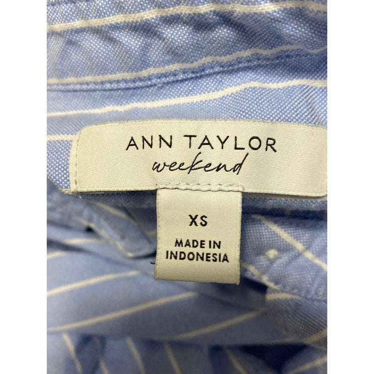 Ann Taylor Weekend Blue Striped Short Sleeve Half Button Front Shirt Top Size XS