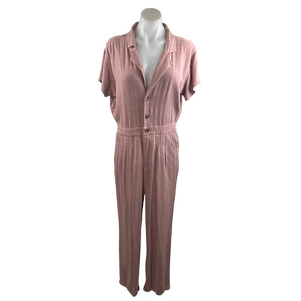 Free People Margot Pink Linen Short Sleeve Button Straight Leg Romper Jumpsuit M