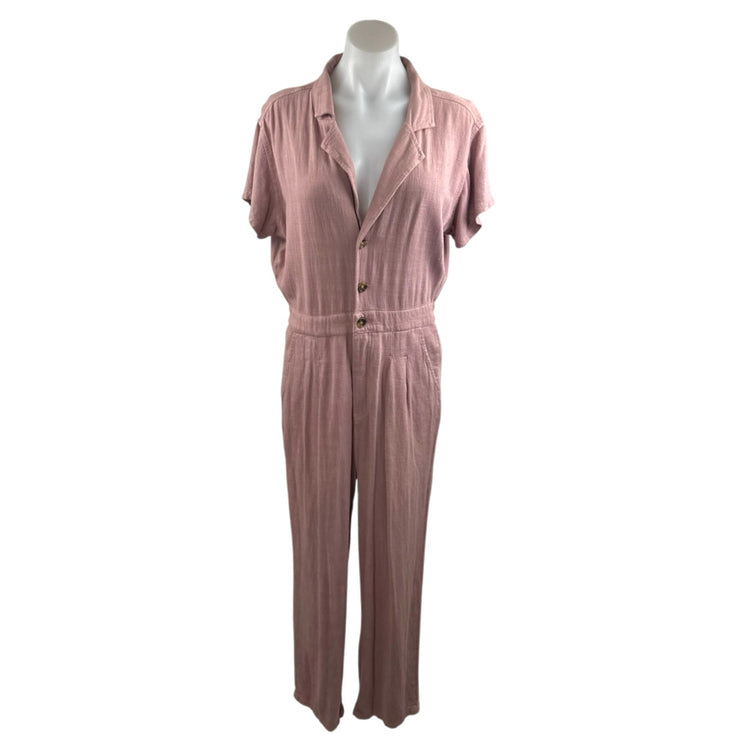 Free People Margot Pink Linen Short Sleeve Button Straight Leg Romper Jumpsuit M