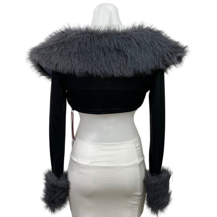 NEW Romwe Black Fluffy Collar Faux Fur Feather Cropped Cardigan Shrug Size XS