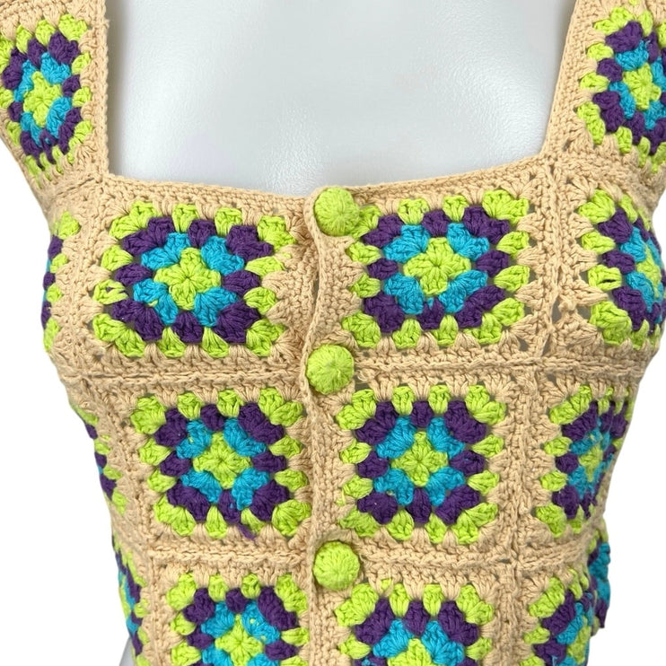 Zara Multicolor Sleeveless Floral Crochet Knit Button Sweater Crop Tank Top Sz S