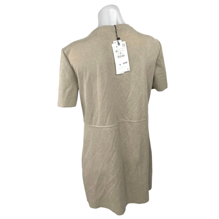 NEW Zara Beige Round Neck Short Sleeve Pull On Knee Length Tee T-Shirt Dress M