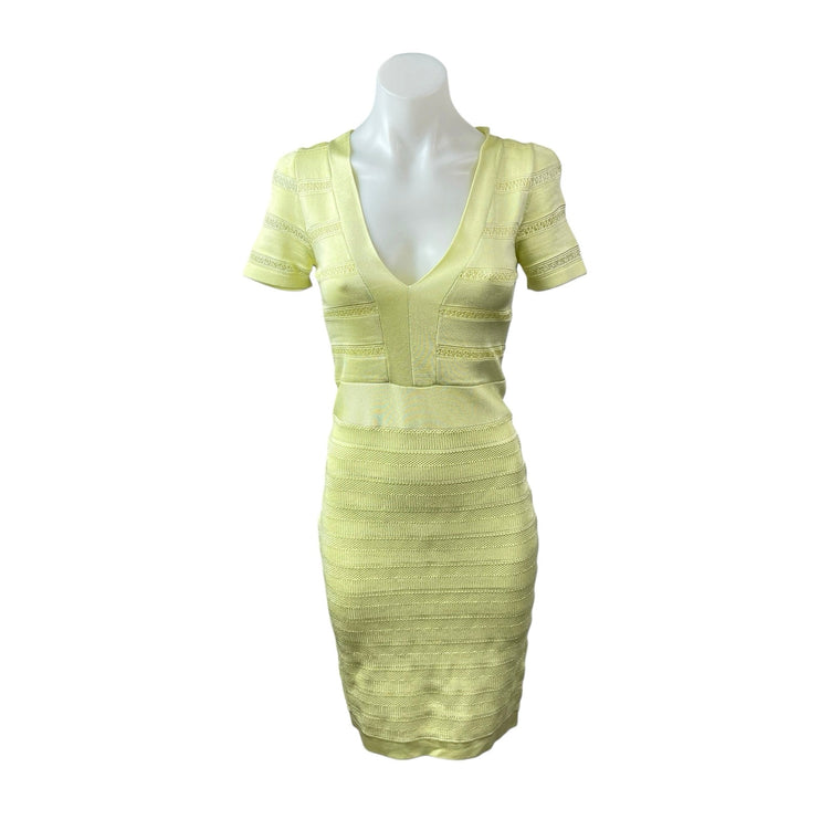 French Connection Yellow Green Short Sleeve Knit Bandage Sheath Mini Dress Sz 6