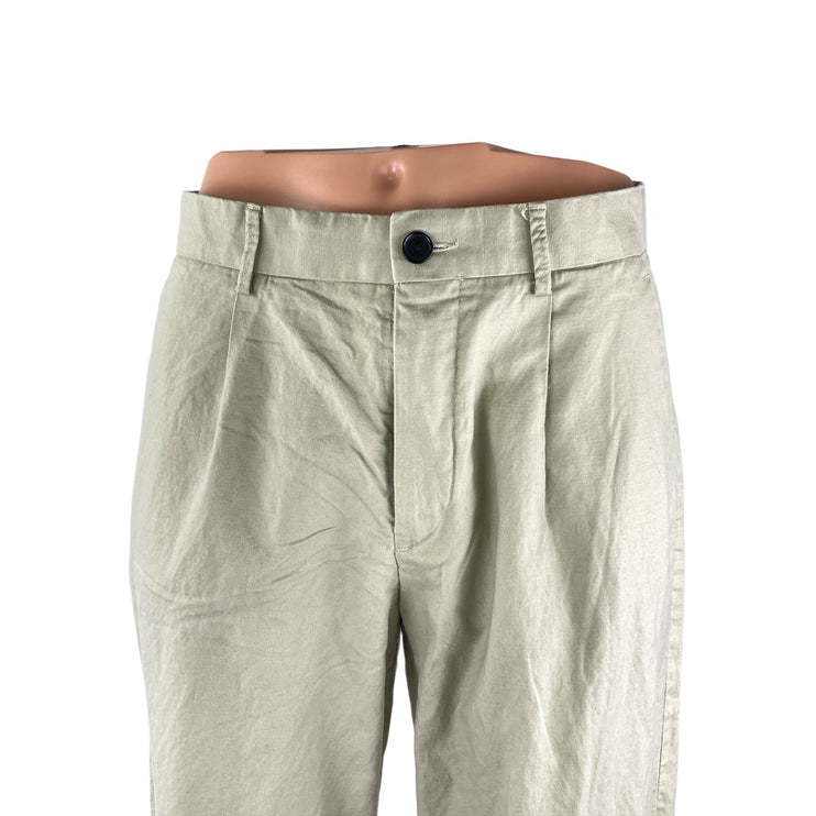 H&M Women's Khaki Linen Pleated Relaxed Straight Chino Trouser Dress Pants Sz 30