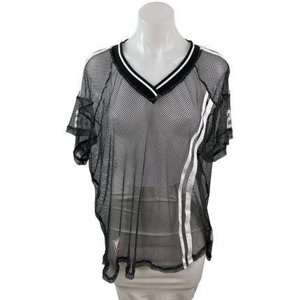 Women's Oversized Black Mesh Sheer Net V Neck Short Sleeve Sporty T-Shirt Top S