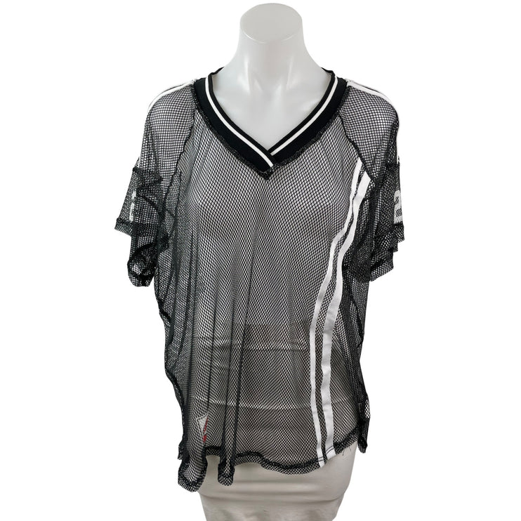 Women's Oversized Black Mesh Sheer Net V Neck Short Sleeve Sporty T-Shirt Top S