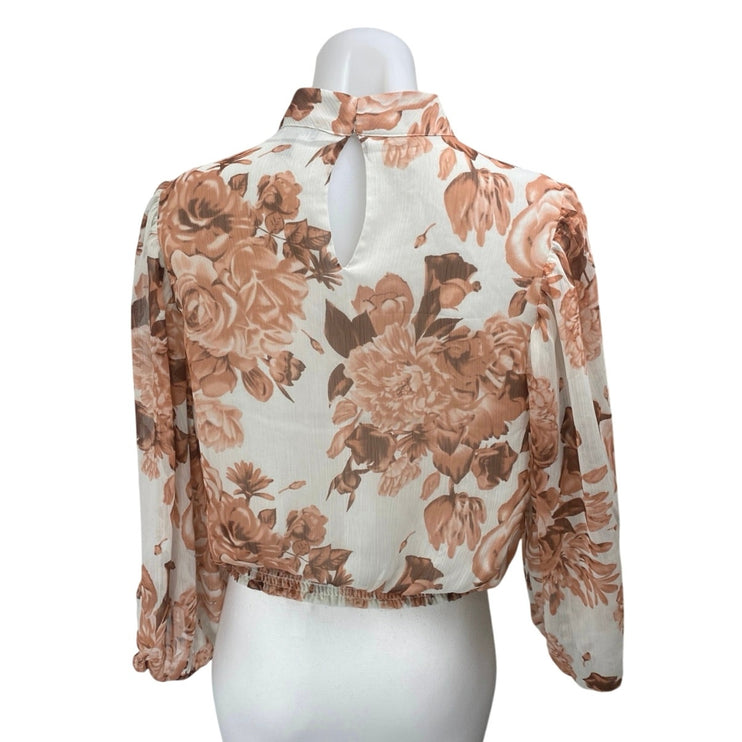 Express White Tan Floral Long Puff Sleeve Mock Neck Crop Blouse Shirt Top Size S
