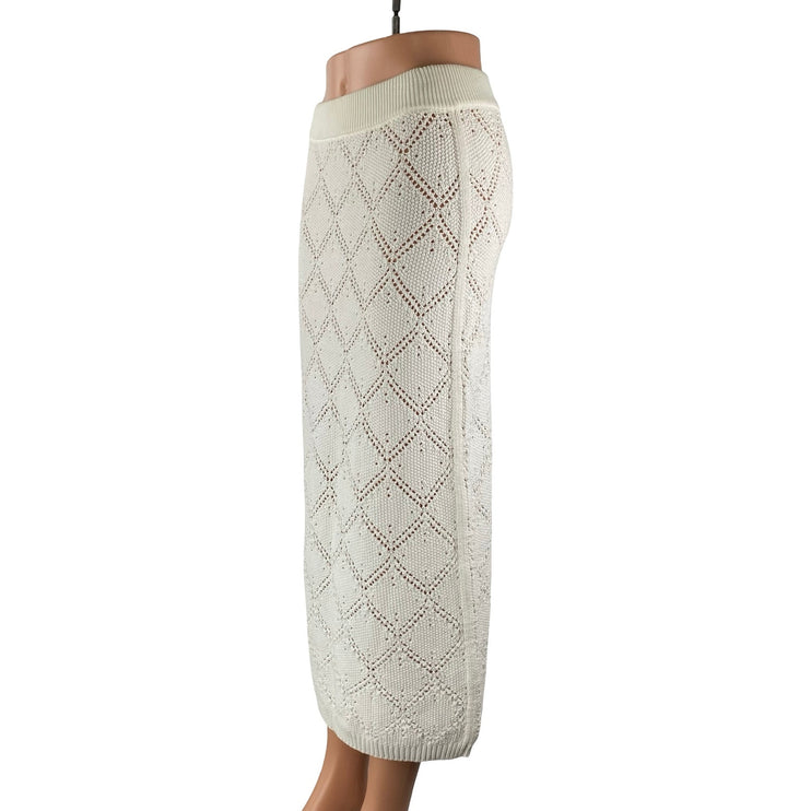 Women's White Ivory Argyle Open Knit Pencil Cover Up Sweater Midi Skirt Size S