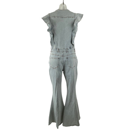 NEW Blue B Retro Ruffle Sleeve Bell Bottom Button Up Denim Jumpsuit Romper Sz L