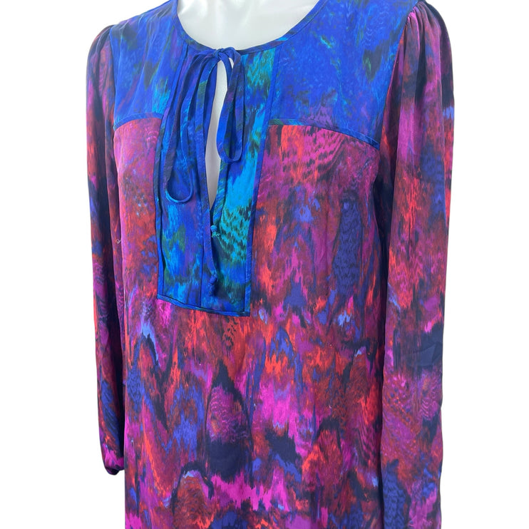 BCBGMAXAZRIA Purple Long Sleeve Abstract Tie Neck Boho Ruffle Mini Dress Size S
