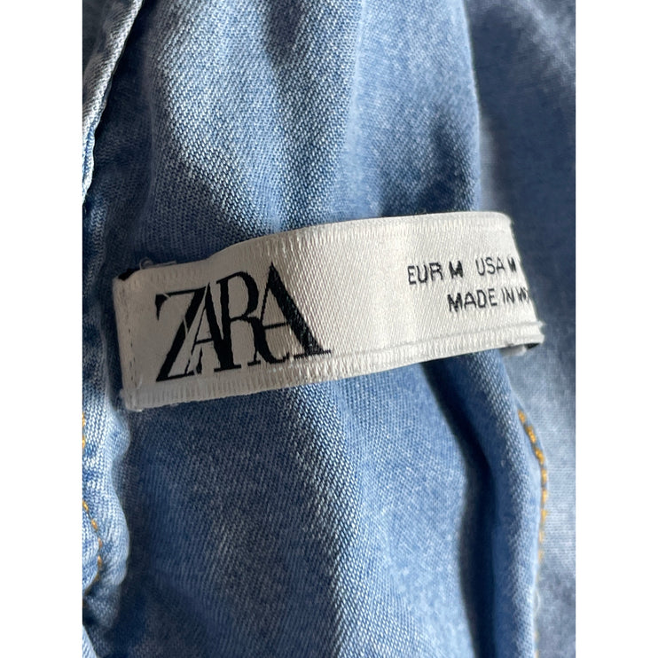 Zara Women's Blue Drop Sleeve Chambray Slit Tie Open Back A Line Midi Dress Sz M