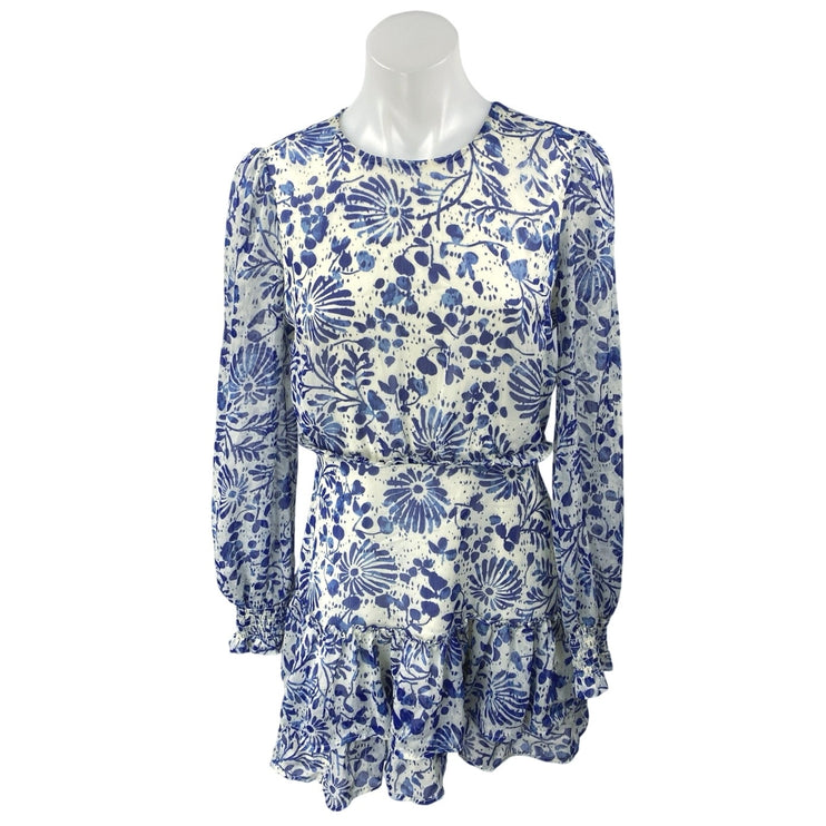 Aqua Blue White Floral Long Sleeve Ruffle Flounce Blouson Mini Dress Size S